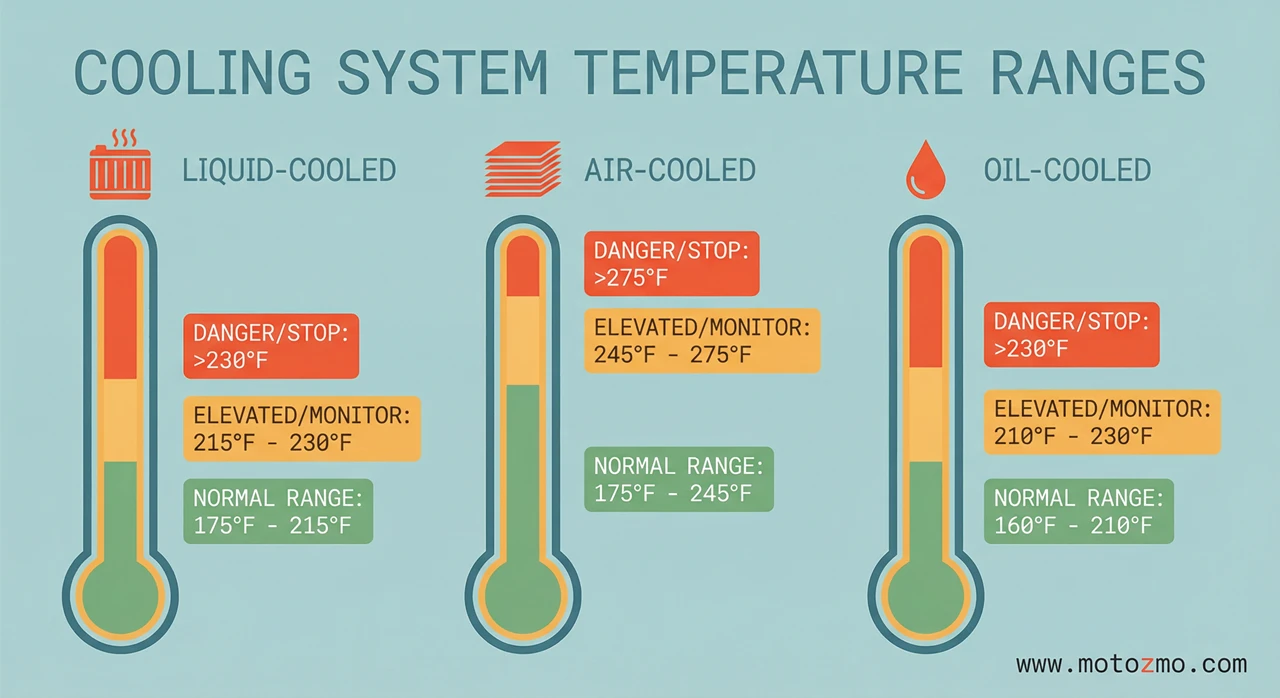 How Hot Does a Motorcycle Engine Get? Normal vs Dangerous 2 Infographic comparing normal temperature ranges for liquid-cooled, air-cooled, and oil-cooled motorcycle engines
