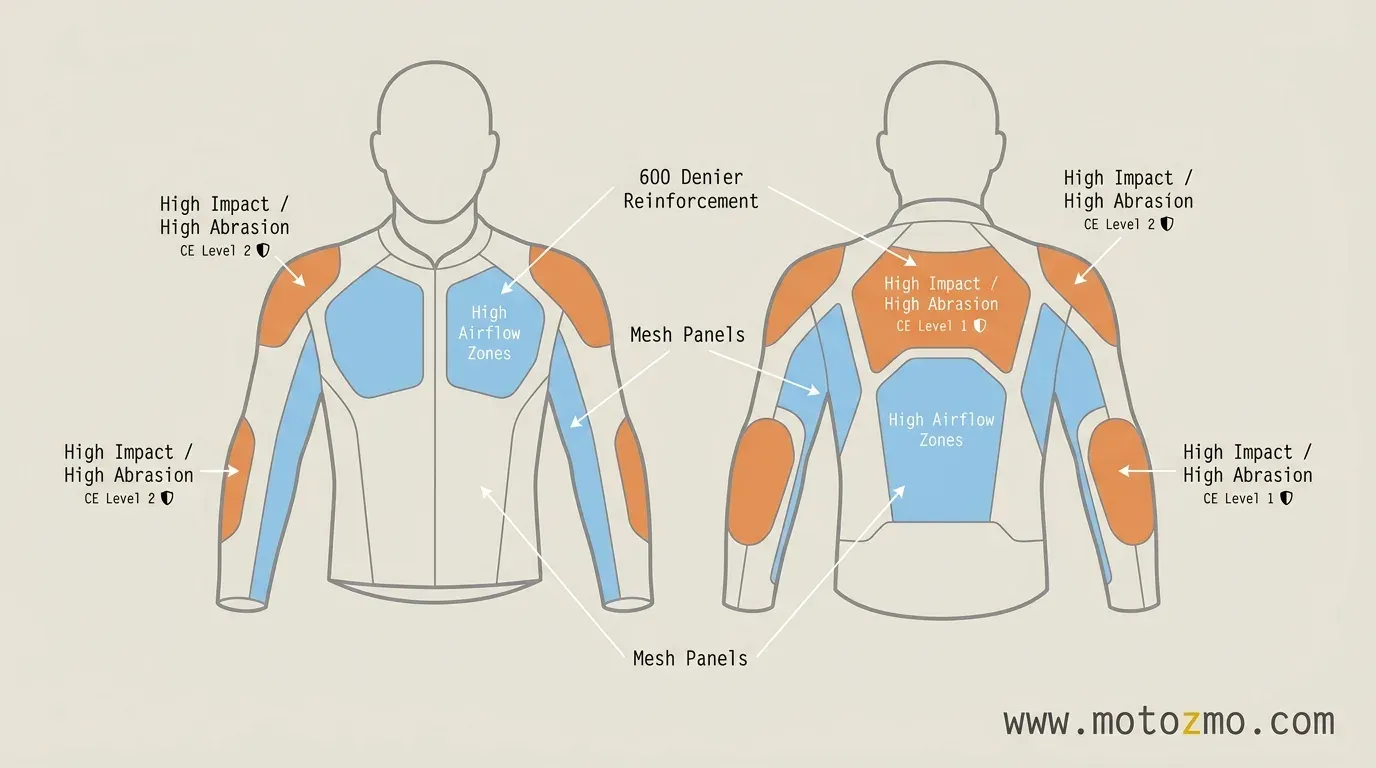 Best Hot Weather Motorcycle Jacket for Summer Rides 11 Technical diagram highlighting motorcycle jacket impact armor zones and high-abrasion mesh panel locations