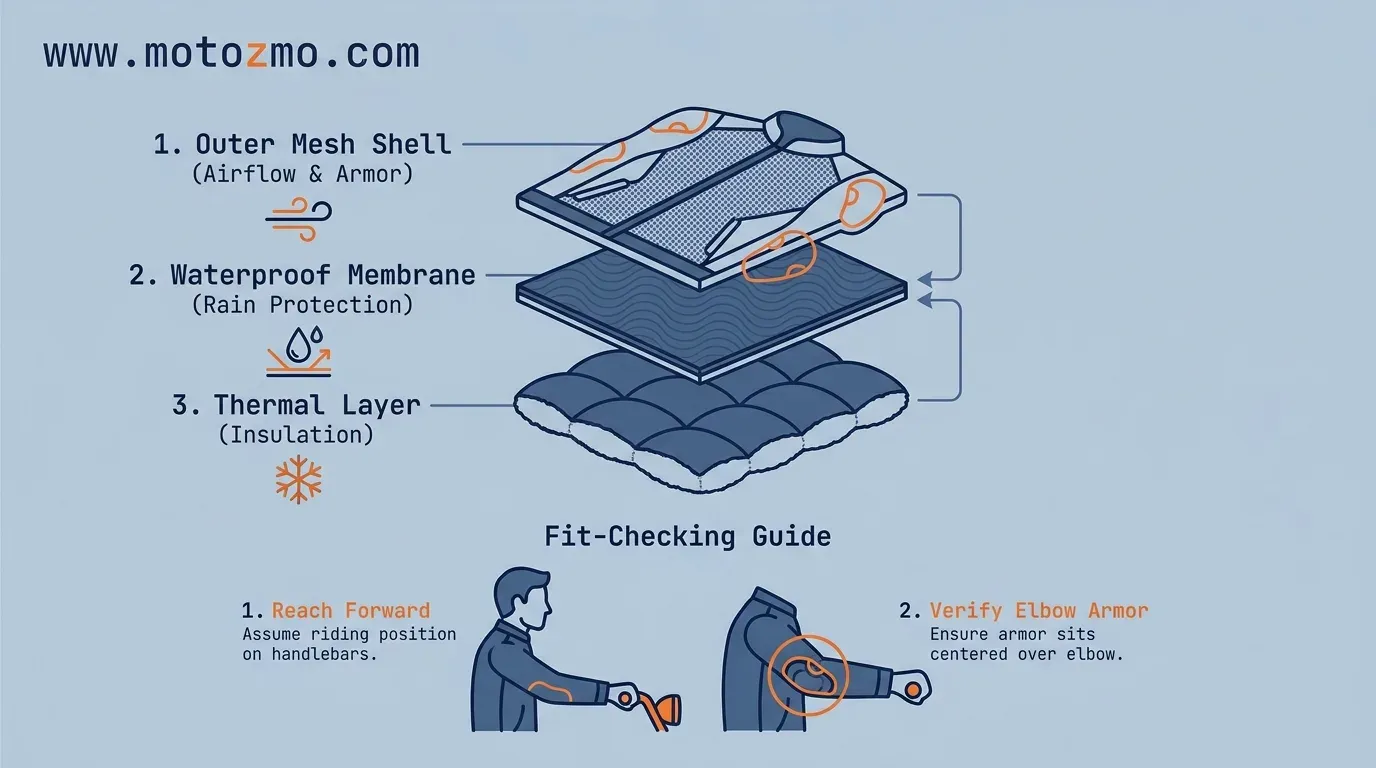 Best Hot Weather Motorcycle Jacket for Summer Rides 10 Minimalist graphic showing a modular 3-layer motorcycle jacket setup with removable rain and thermal liners