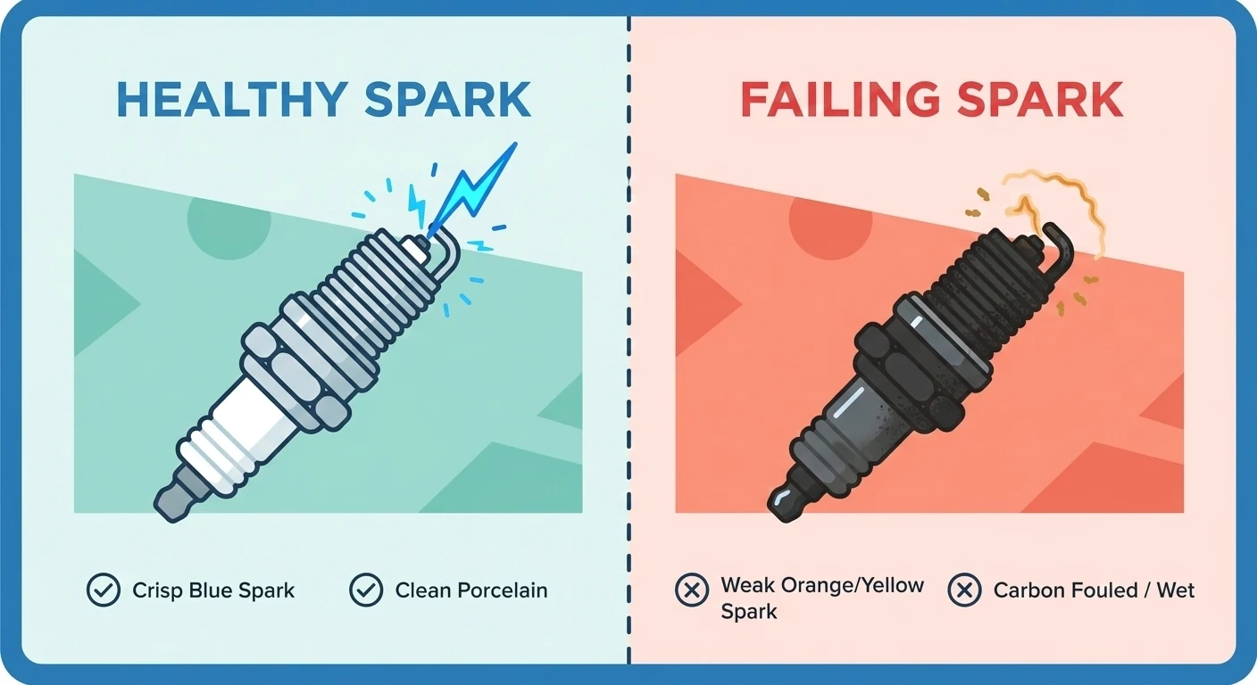 Comparison of a healthy blue motorcycle spark vs a weak orange spark