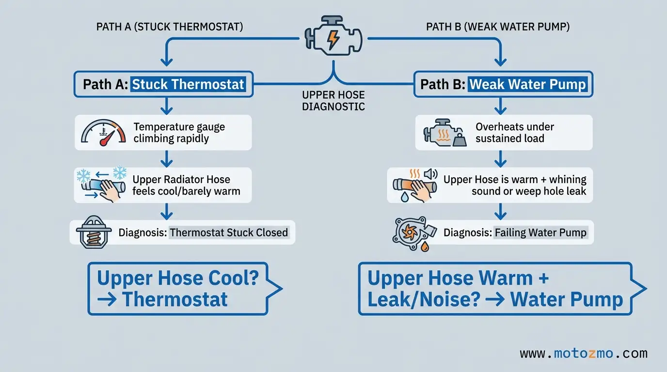 How Hot Should a Motorcycle Engine Run? 4 Diagnostic comparison diagram contrasting symptoms of a stuck closed thermostat versus a failing motorcycle water pump