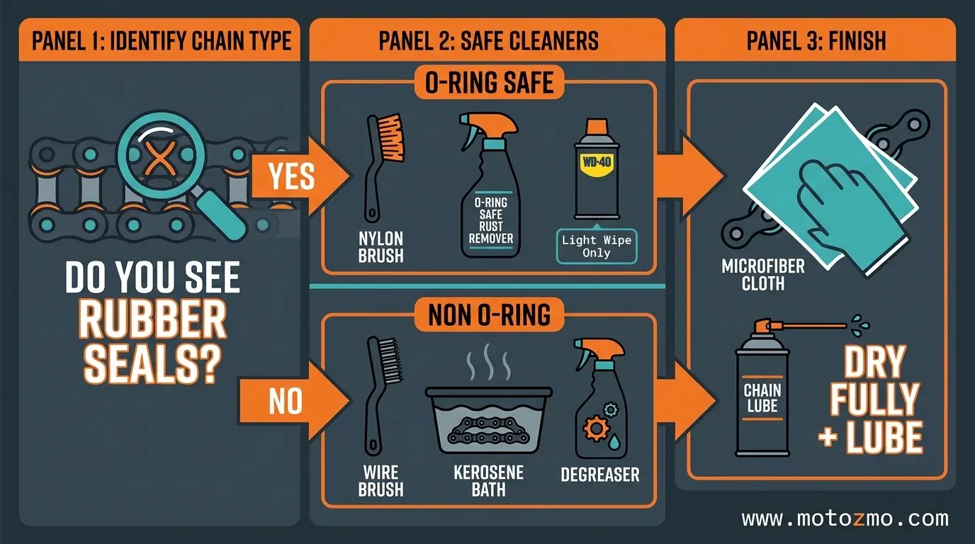 How to Remove Rust from Motorcycle Chain: Sealed vs Non-Sealed 4 Decision chart outlining safe rust removal methods and brushes for sealed and non-sealed motorcycle chains