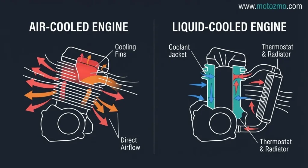 Diagram comparing air-cooled and liquid-cooled motorcycle engines showing coolant pathways, cooling fins, and radiator