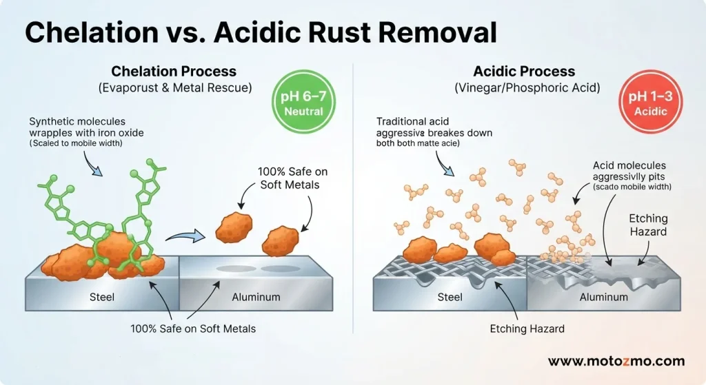 Evaporust vs Metal Rescue for Motorcycle Rust 4 Technical diagram comparing how chelation chemistry selectively lifts rust versus how acid etches metal surfaces