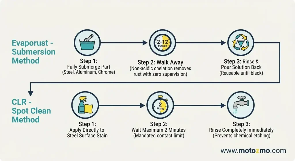 Evaporust vs CLR: Which Works Best for De-rusting Motorcycle Parts? 5 Process flowchart showing Evaporust submersion soak steps versus CLR two-minute spot cleaning application steps