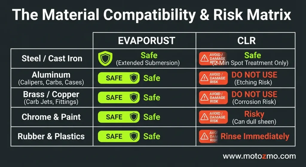 Evaporust vs CLR: Which Works Best for De-rusting Motorcycle Parts? 4 Compatibility chart comparing Evaporust and CLR safety on aluminum, steel, brass, copper, and chrome motorcycle parts