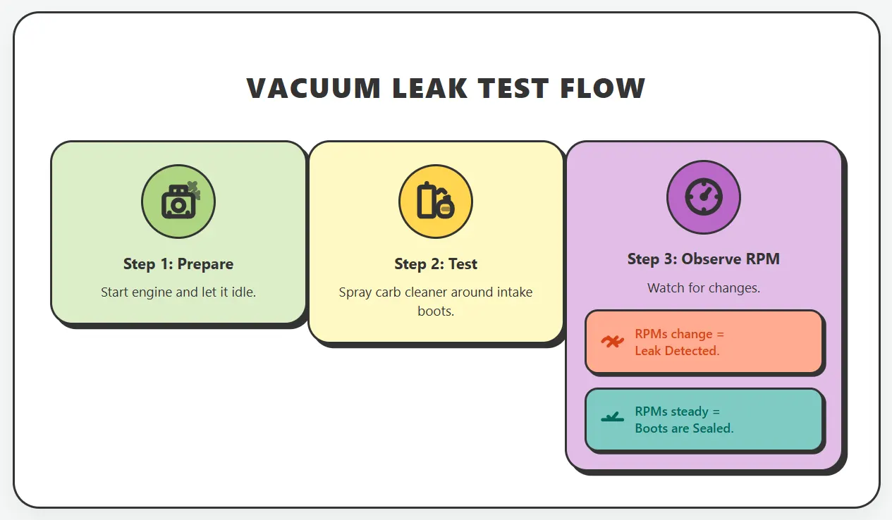 Flowchart showing how to use carburetor cleaner to detect vacuum leaks in motorcycle intake boots.