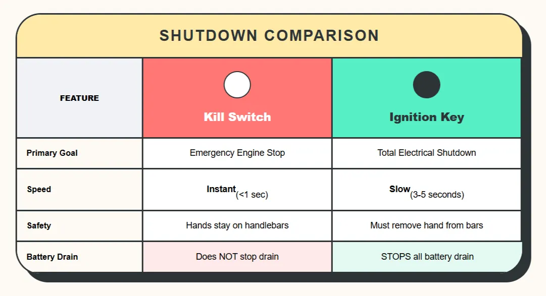 Comparison table showing differences between motorcycle kill switch and ignition key functions