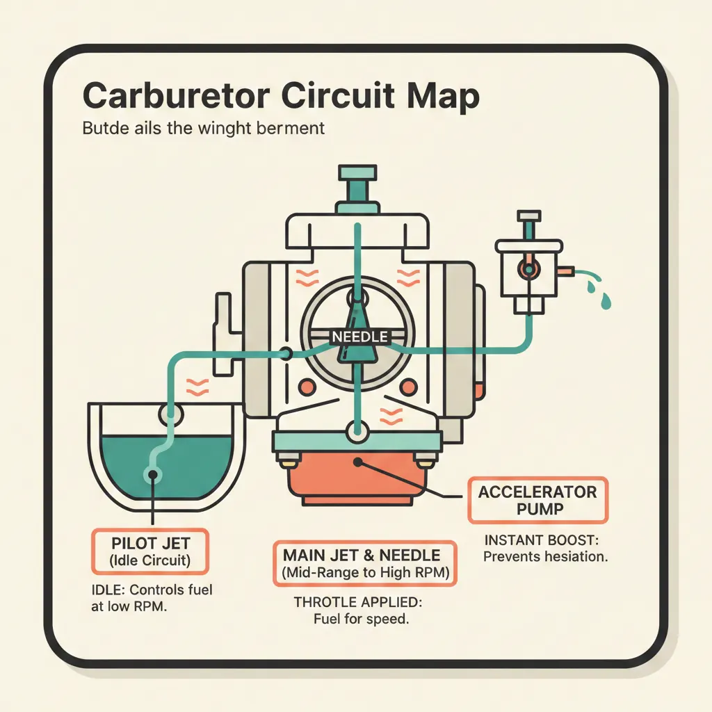 Diagram of motorcycle carburetor internal components including pilot jet, main jet, and accelerator pump