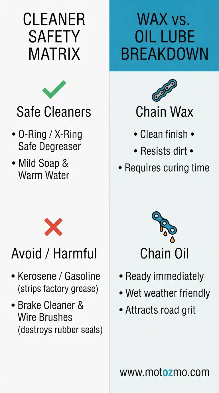Cleaning and Lubing Motorcycle Chain: What Actually Works 3 Comparison infographic showing chain lube vs wax, kerosene vs O-ring safe cleaner, and common chemical caveats