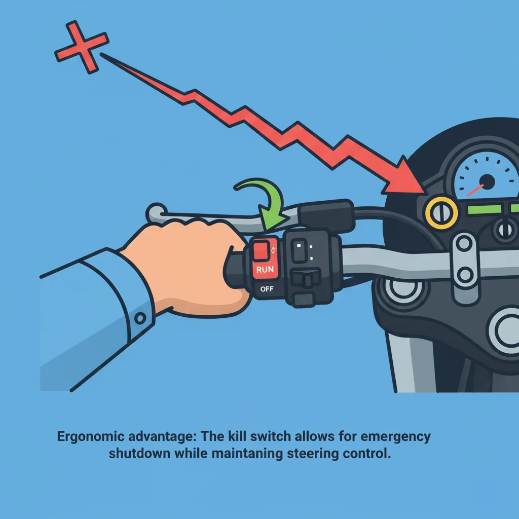 Visual showing thumb placement on motorcycle kill switch for emergency engine shutdown