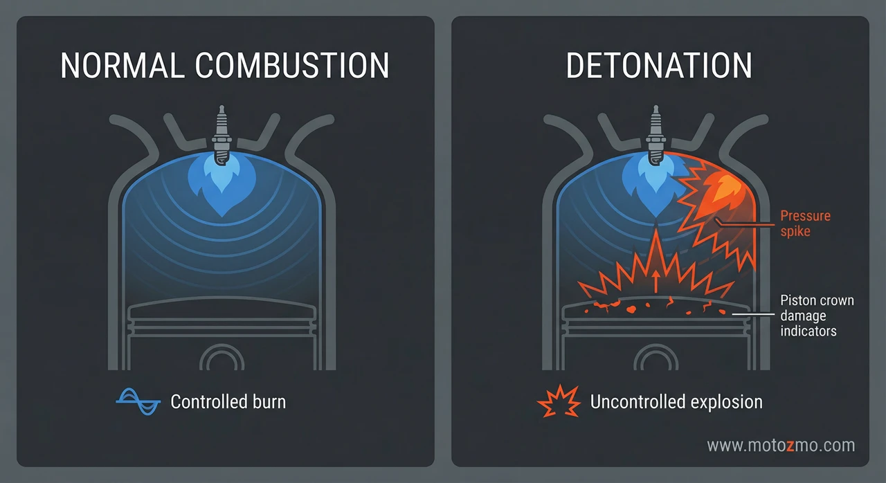 Side-by-side comparison of normal combustion versus detonation causing pinging noise