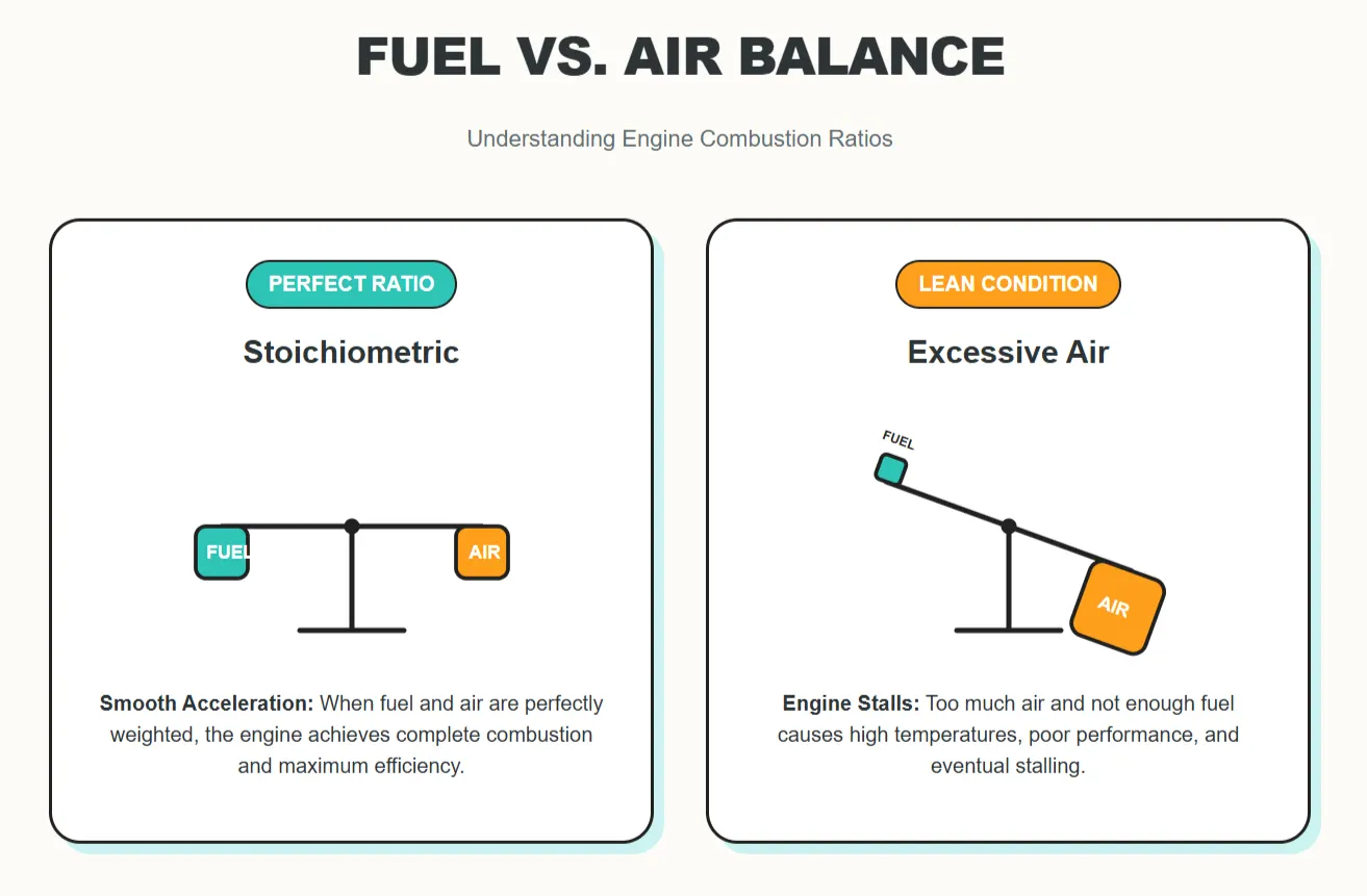 Infographic showing an imbalanced air-fuel ratio causing a motorcycle engine to stall under throttle