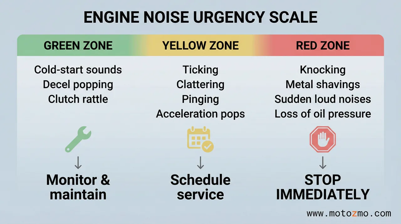 Visual urgency scale showing which motorcycle engine noises require immediate attention