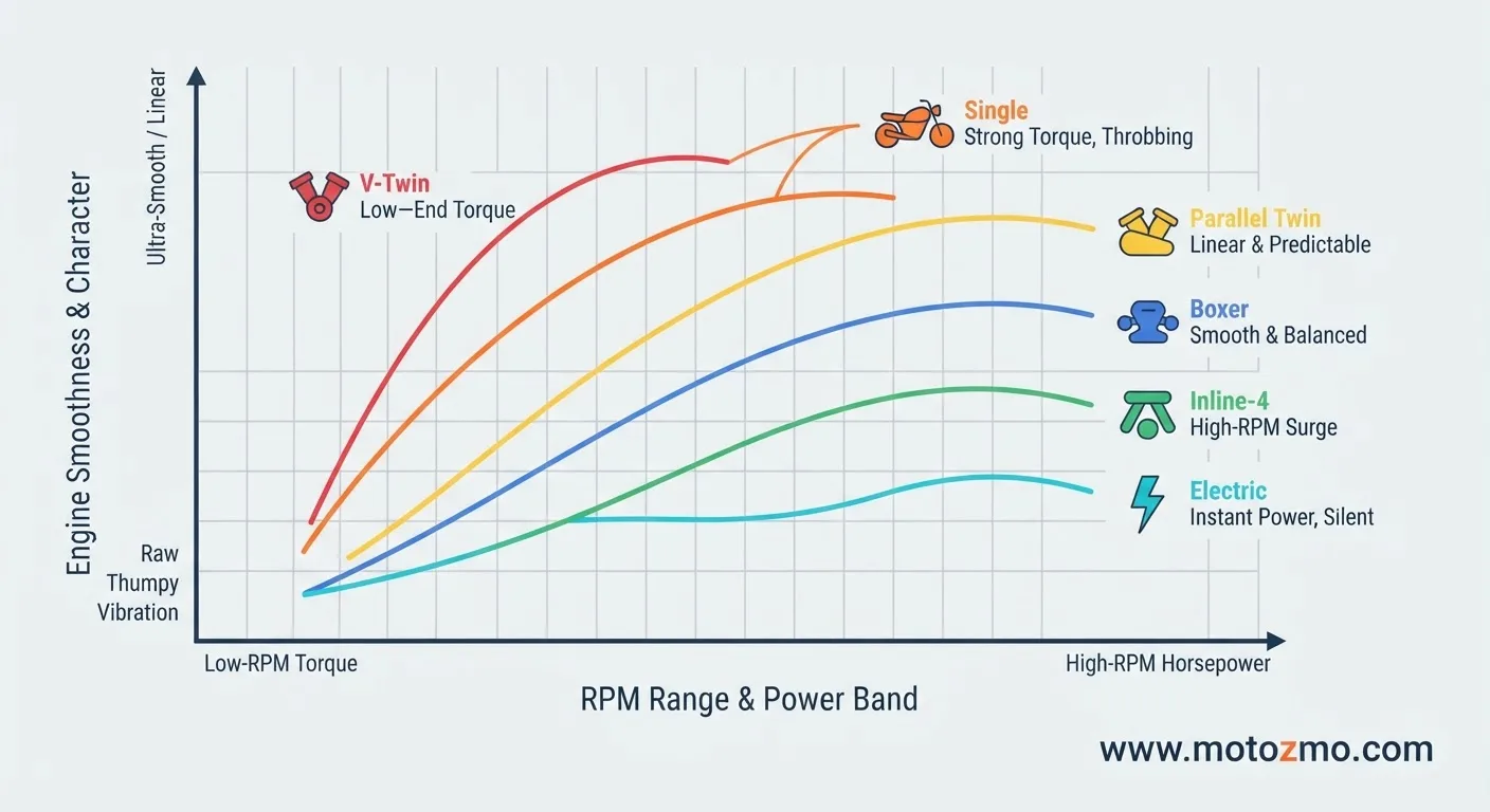 Infographic plotting motorcycle engine power delivery and torque curves against vibration levels by configuration