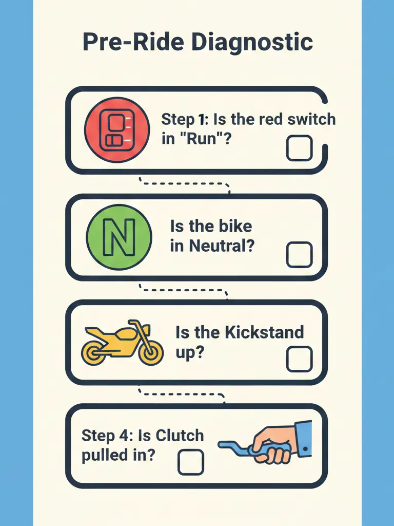 Infographic checklist for troubleshooting a motorcycle that cranks but won't start