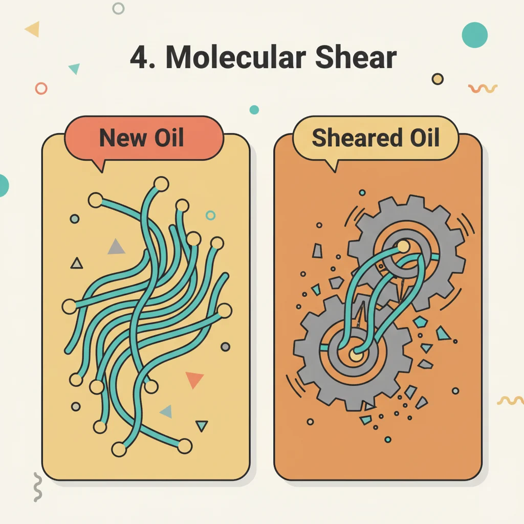 Technical diagram showing how transmission gears physically break down oil molecules at high RPM