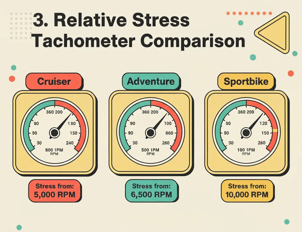 Comparison chart of high RPM thresholds for cruisers, sportbikes, and adventure motorcycles