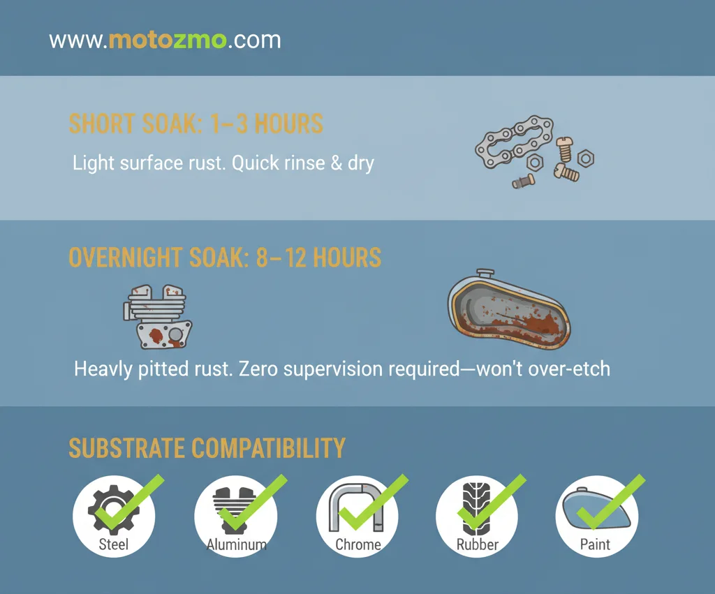 Evaporust vs Metal Rescue for Motorcycle Rust 5 Soak time and material safety chart for motorcycle parts treated with Evaporust or Metal Rescue