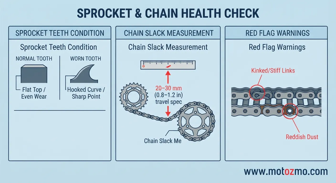 Cleaning and Lubing Motorcycle Chain: What Actually Works 2 Diagram showing healthy vs hooked shark-fin sprocket teeth, chain slack measurement, and stiff kinked links