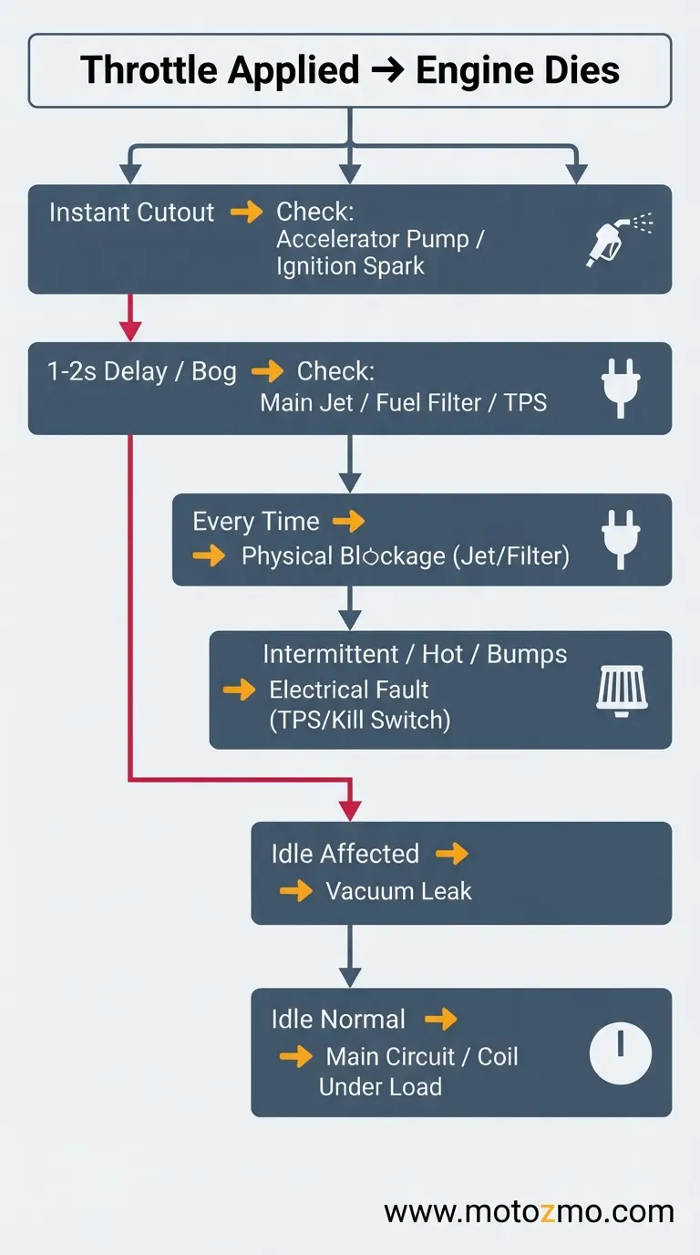 Troubleshooting flowchart for diagnosing motorcycle engine stalling when opening the throttle