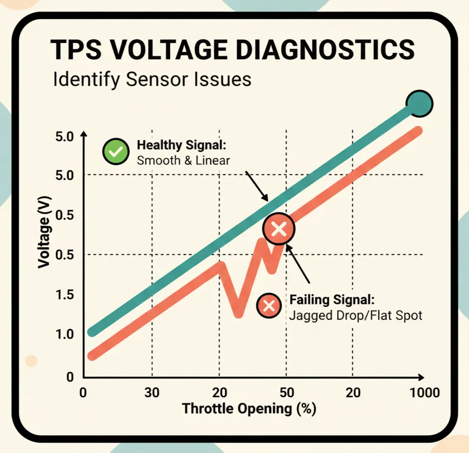 Graph illustrating a healthy vs. failing Throttle Position Sensor (TPS) voltage signal