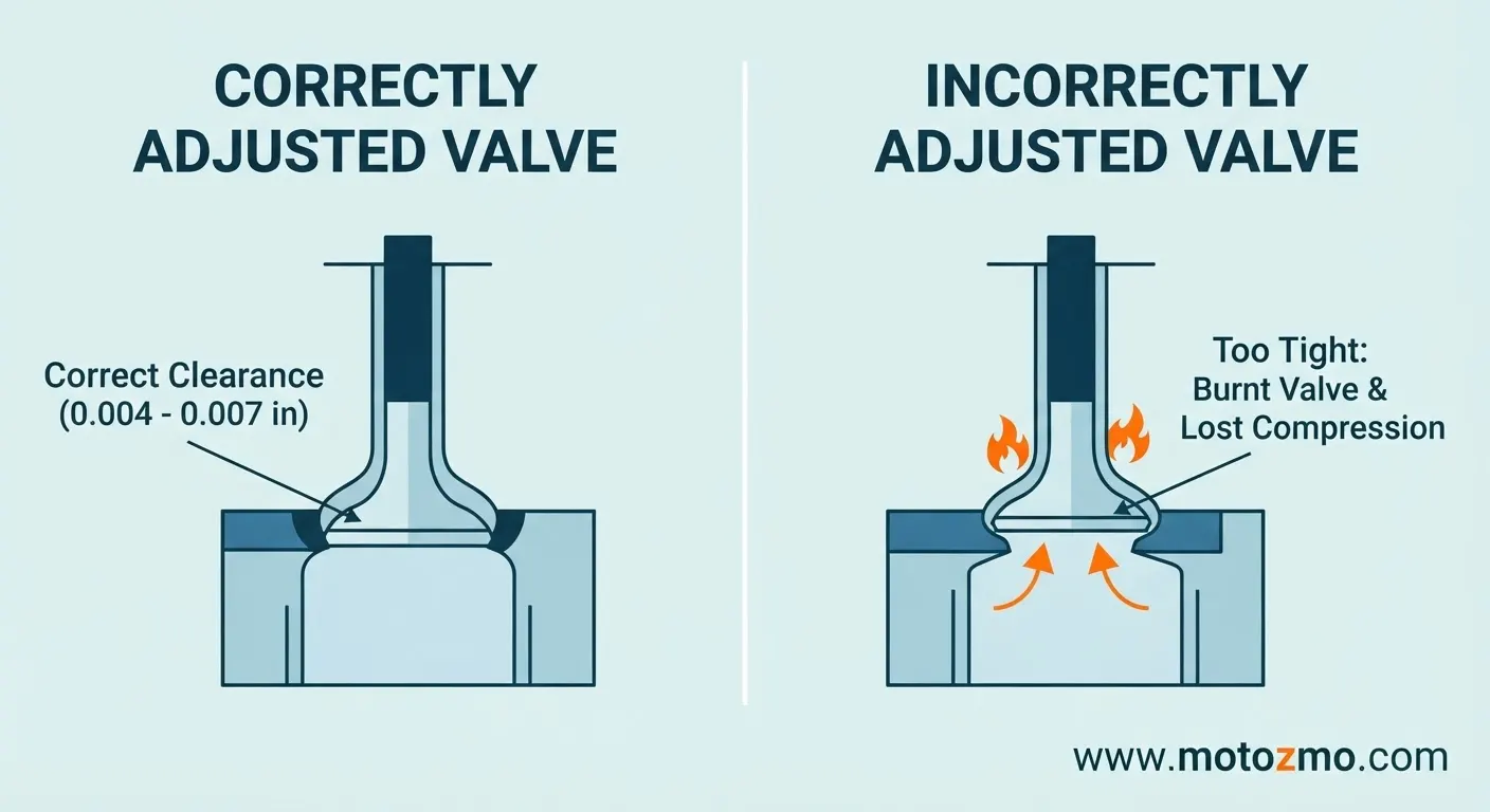 Diagram comparing correct motorcycle valve clearance to a valve that is too tight, showing how tight valves lose compression