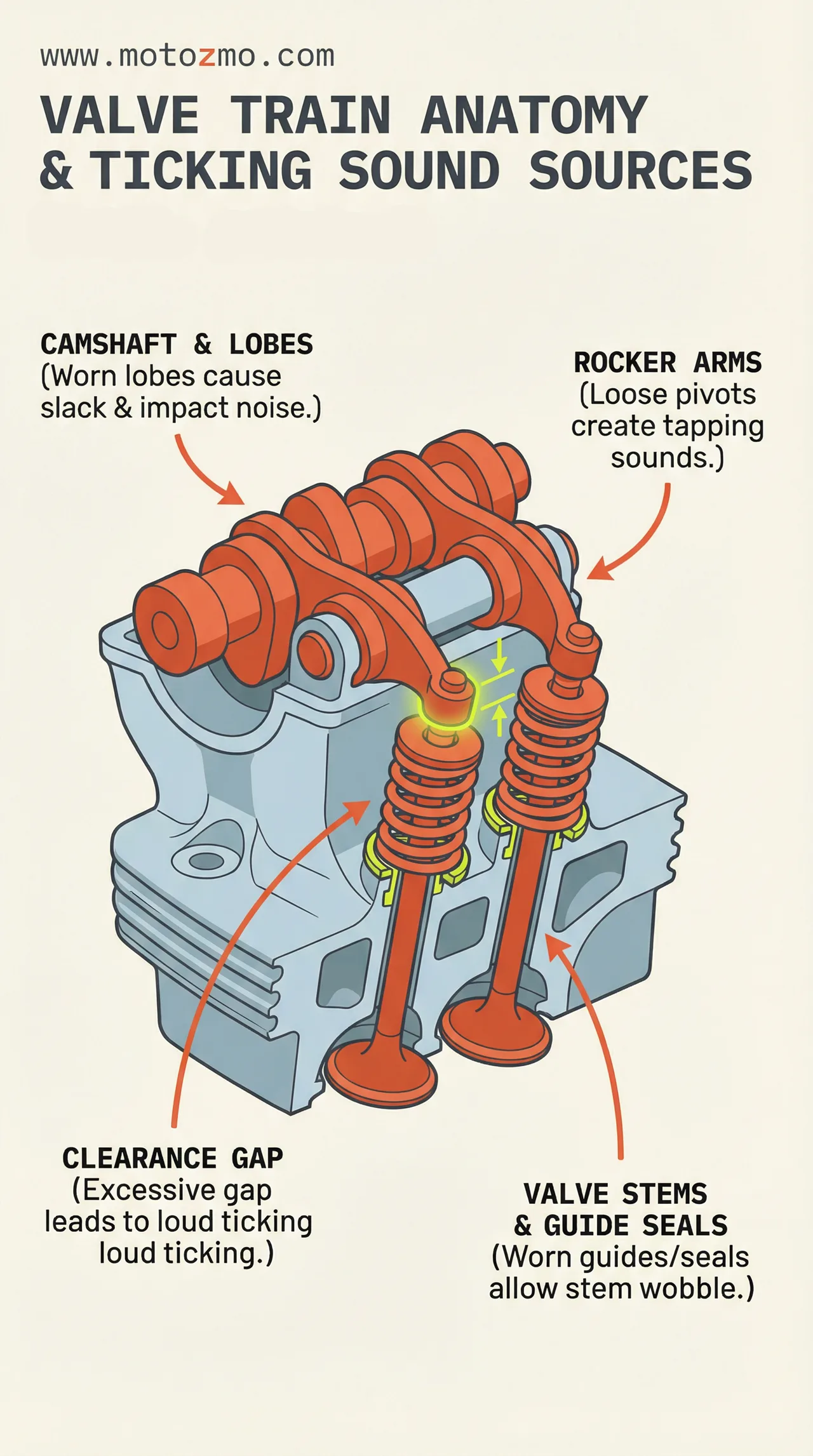 Cutaway diagram of motorcycle valve train showing components that cause ticking sounds