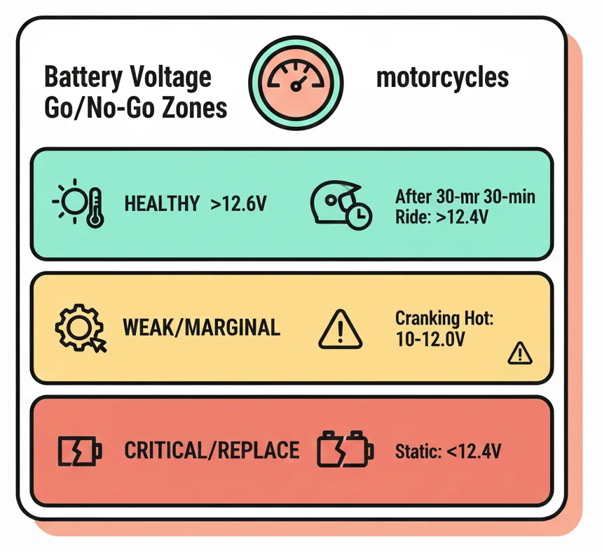 Motorcycle Won't Start When Engine Is Hot: Causes & Quick Fixes 3 Table showing healthy vs. failing motorcycle battery voltage levels during cold and hot starts
