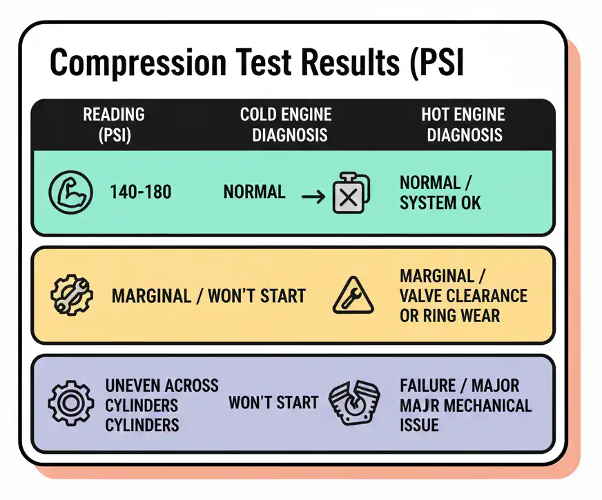 Motorcycle Won't Start When Engine Is Hot: Causes & Quick Fixes 5 Color-coded chart for motorcycle engine compression PSI readings when hot vs cold