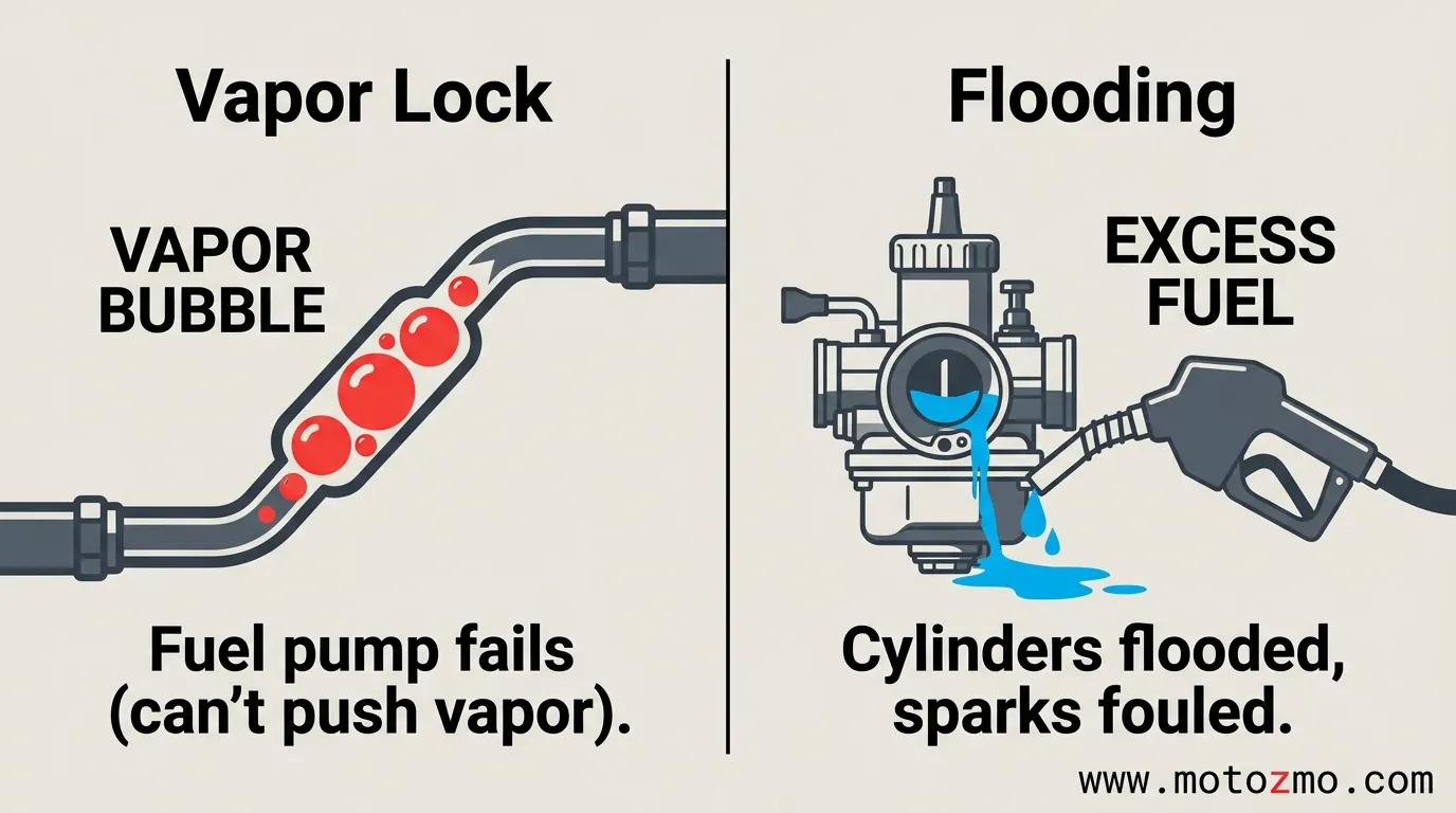 Motorcycle Won't Start When Engine Is Hot: Causes & Fixes 4 Two-panel infographic showing vapor lock (red bubble blocks fuel) vs flooding (excess blue fuel spills in)