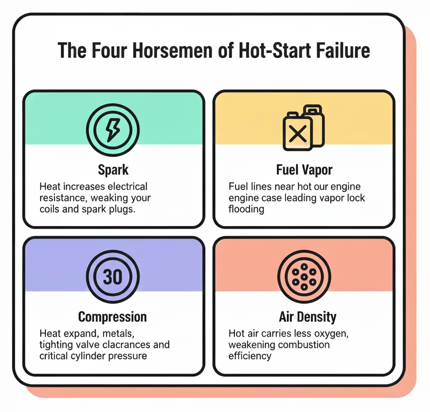 Motorcycle Won't Start When Engine Is Hot: Causes & Quick Fixes 2 Diagram showing how heat affects motorcycle spark, fuel vaporization, engine compression, and air density