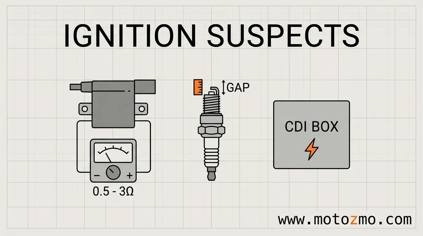 Motorcycle Won't Start When Engine Is Hot: Causes & Fixes 3 Schematic vector illustration showing three components: ignition coil (resistance), spark plug (gap), and CDI box