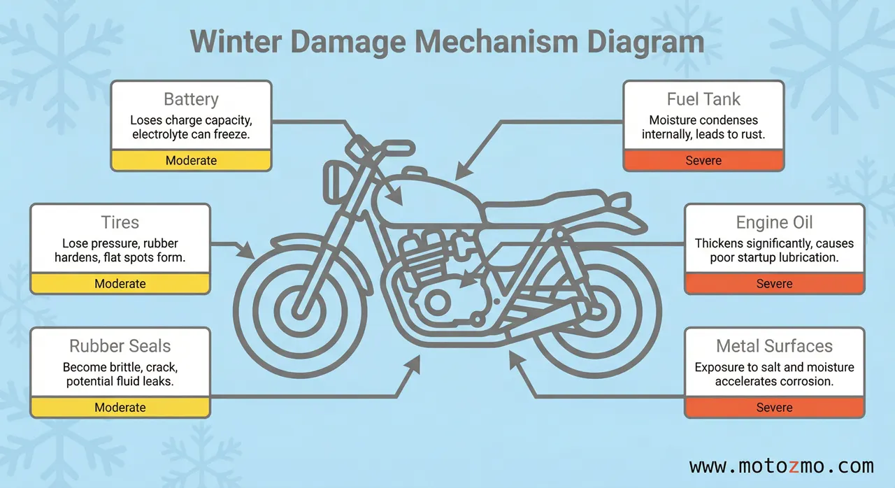 Motorcycle diagram showing six components damaged by winter storage including battery, fuel, and tires