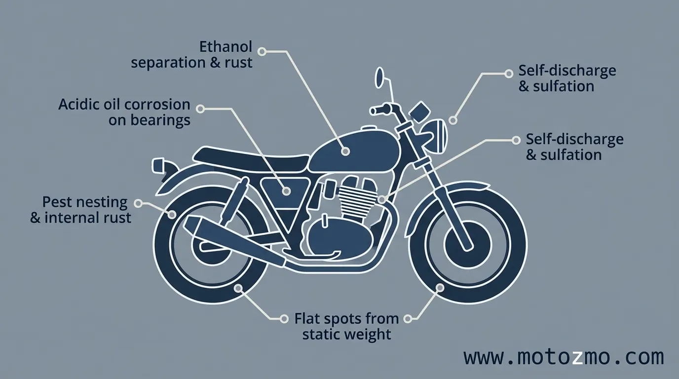How to Store Motorcycle for Winter : 8-Step Guide 2 Visual diagram showing key motorcycle components vulnerable to damage during winter storage