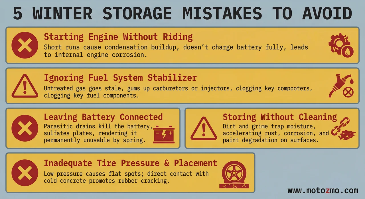 Five common motorcycle winter storage mistakes including periodic starting and draining fuel tank