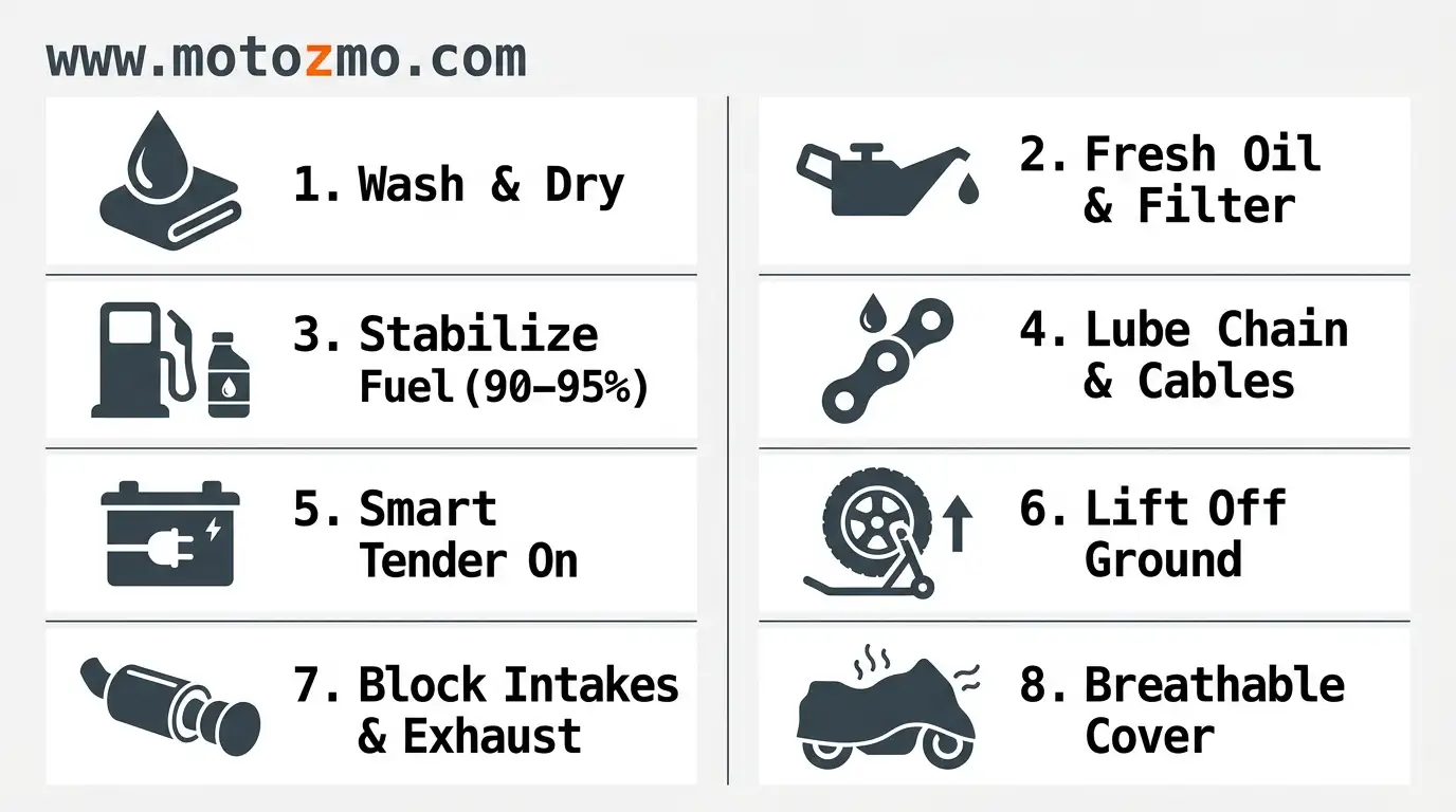 How to Store Motorcycle for Winter : 8-Step Guide 3 8-step visual checklist graphic for winterizing a motorcycle step by step
