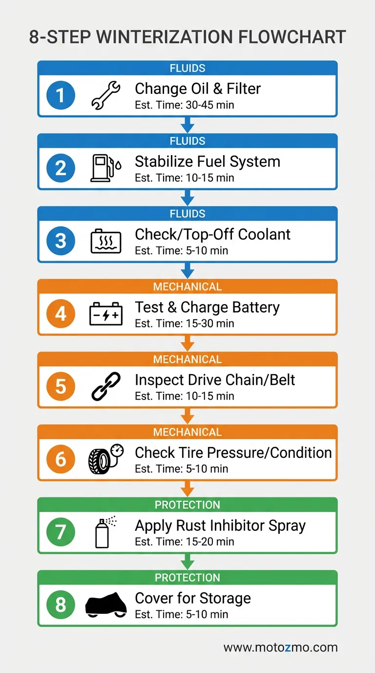 8-step motorcycle winterization checklist infographic showing oil change through cover installation