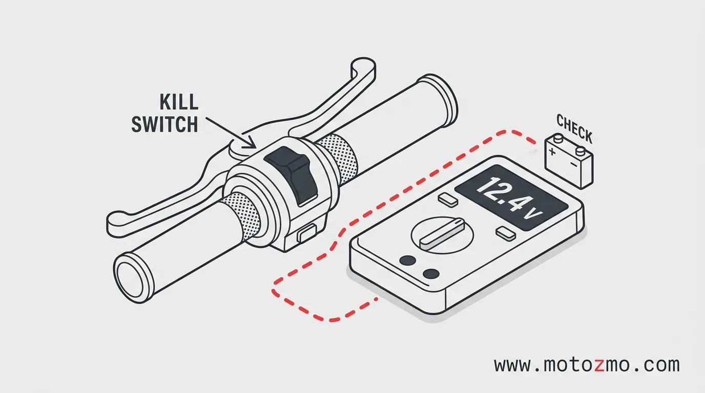 Motorcycle Won't Start When Engine Is Hot: Causes & Fixes 2 Illustrated isometric view of a motorcycle handle grip kill switch and a digital multimeter reading 12.4V