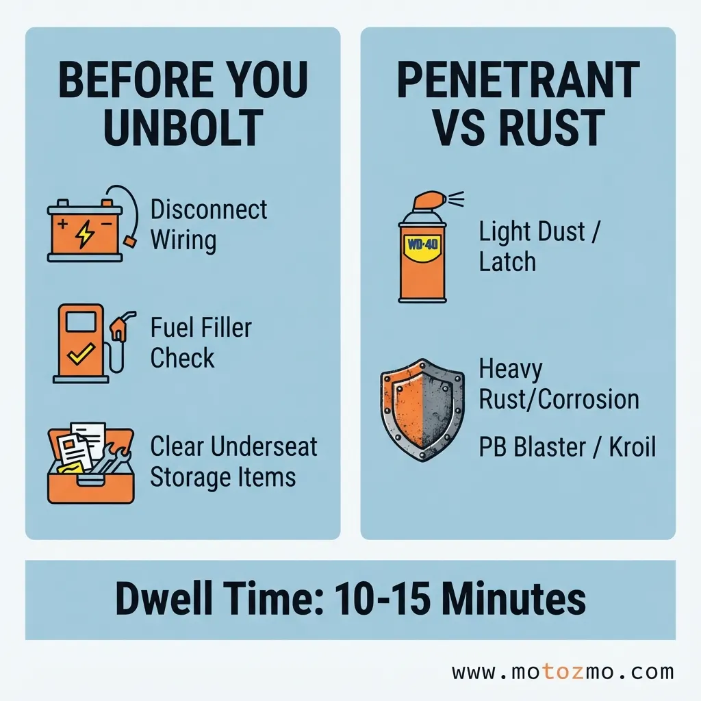 How to Remove Motorcycle Seat: Tools, Steps, Fixes 2 Comparison illustration of motorcycle pre-removal safety checks and penetrating oil types for rusted seat bolts