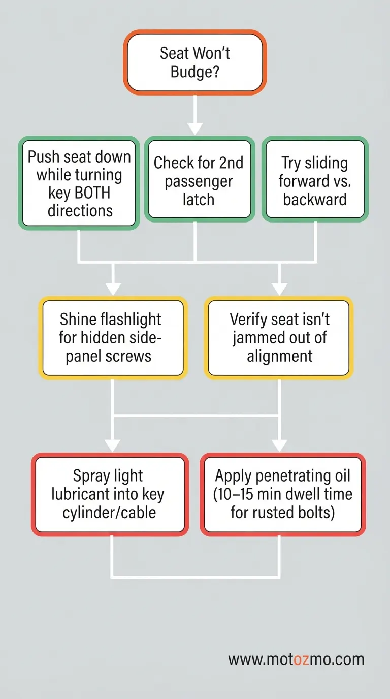 How to Remove Motorcycle Seat: Tools, Steps, Fixes 3 Step-by-step flowchart diagram for troubleshooting stuck or jammed motorcycle seats and rusty mounting bolts