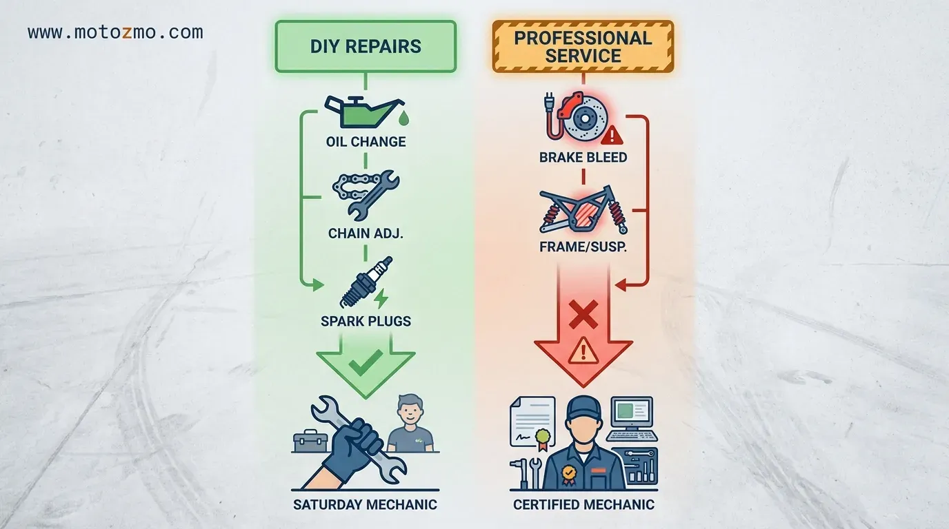 Illustrated decision matrix comparing common motorcycle repairs for DIY versus professional mechanics based on risk