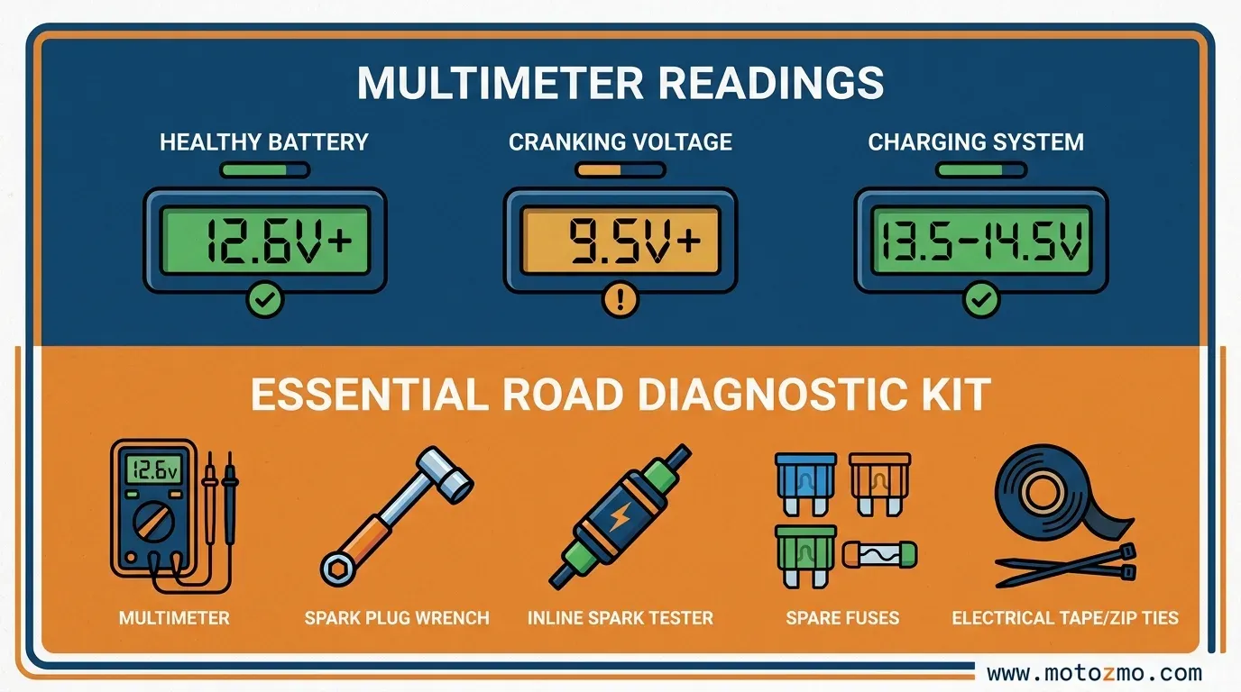Illustrated toolkit containing a multimeter, spark plug wrench, and inline spark tester for motorcycle diagnosis