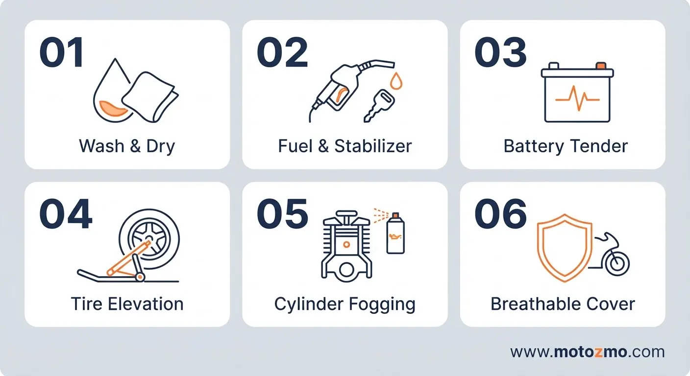 Winter Motorcycle Riding and Storage: The Full Guide 3 Six-step motorcycle winter storage checklist diagram covering cleaning, fuel, battery, tires, cylinders, and cover