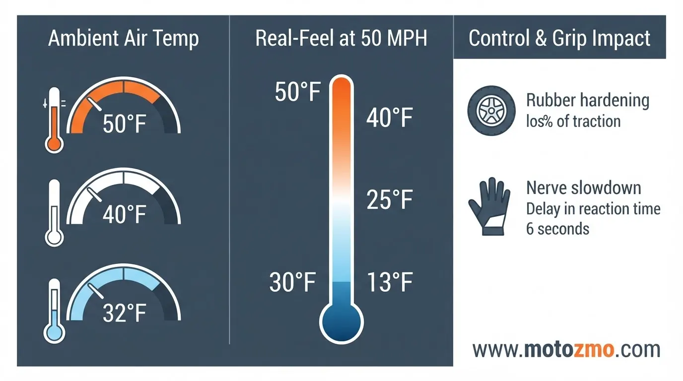 Winter Motorcycle Riding and Storage: The Full Guide 2 Infographic chart comparing ambient air temperature, wind chill at 50 mph, and motorcycle tire grip levels