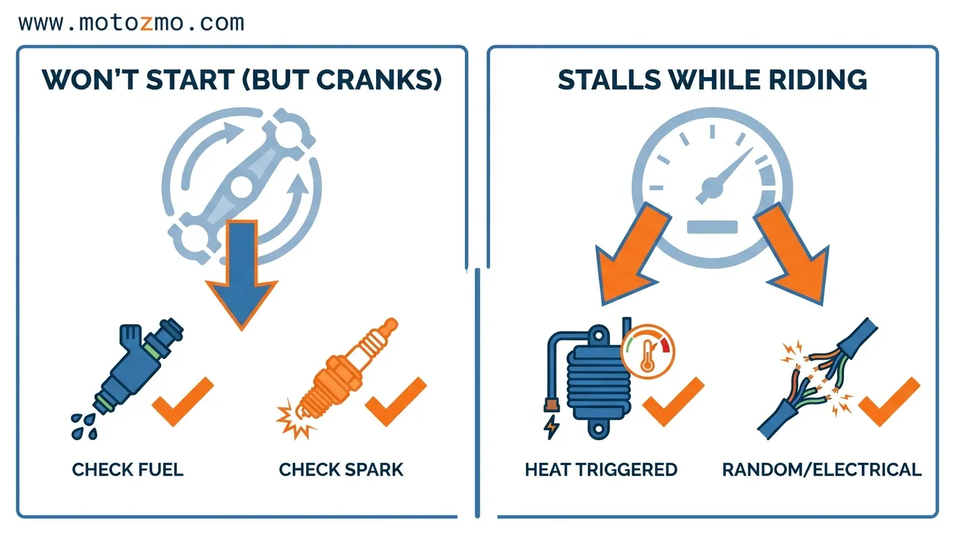 A visual flowchart distinguishing diagnostic checks for a motorcycle that won't start vs. one that stalls mid-ride