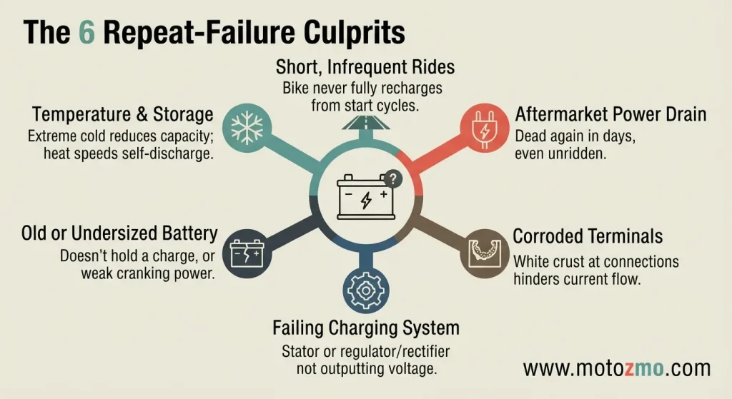 Motorcycle Battery Keeps Dying? 6 Real Causes, Fixed 3 6 reasons a motorcycle battery keeps dying: drain, corrosion, charging system