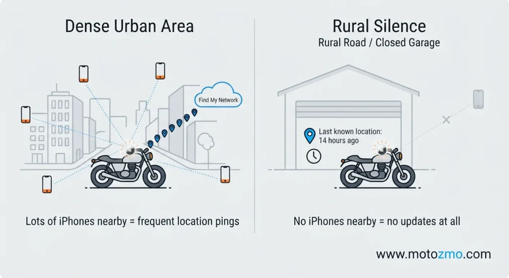 AirTag motorcycle tracking in a city with pings vs rural area with none