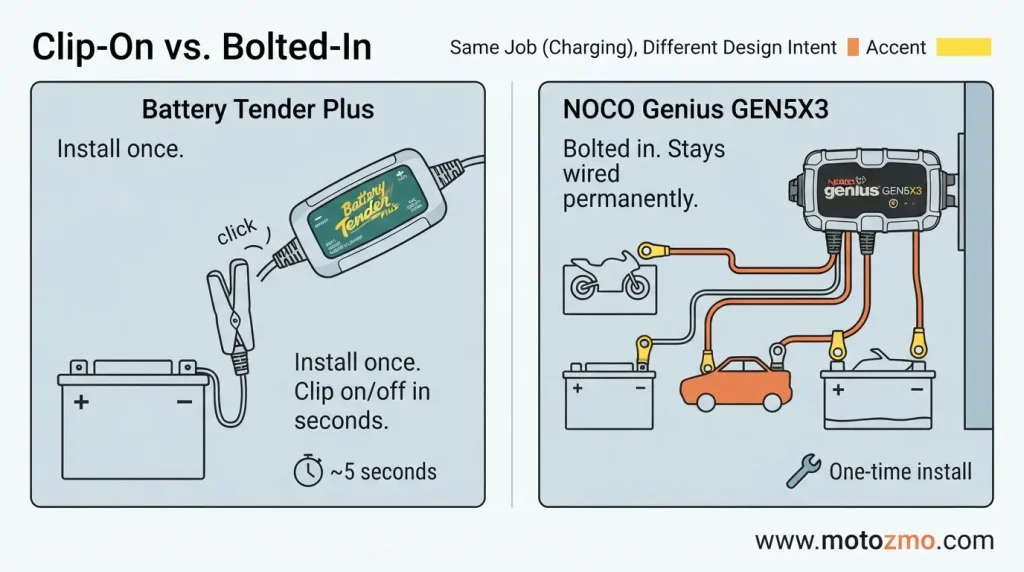 Battery Tender vs NOCO Genius: Which One Should You Buy? 4 Battery Tender SAE quick-connect vs NOCO Genius permanent eyelet mount