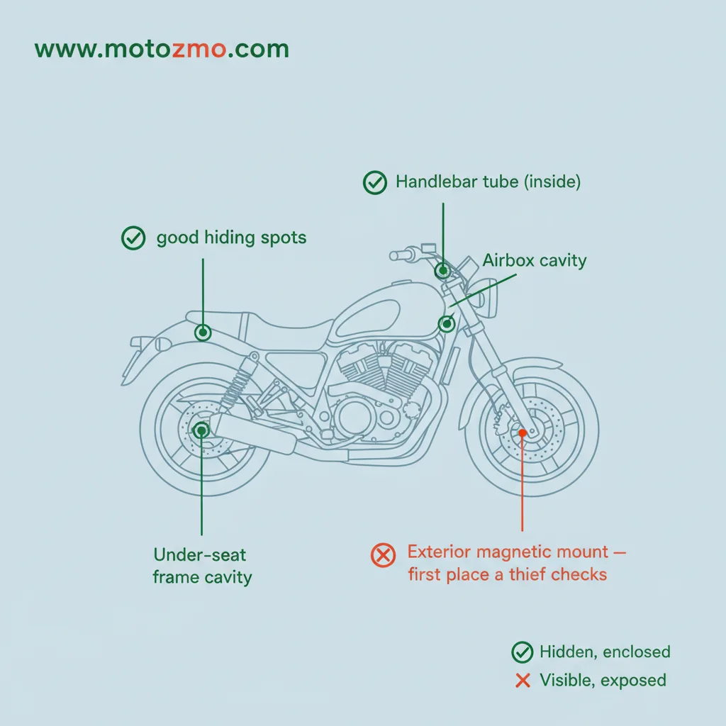 Diagram showing best AirTag hiding spots on a motorcycle: handlebar, airbox